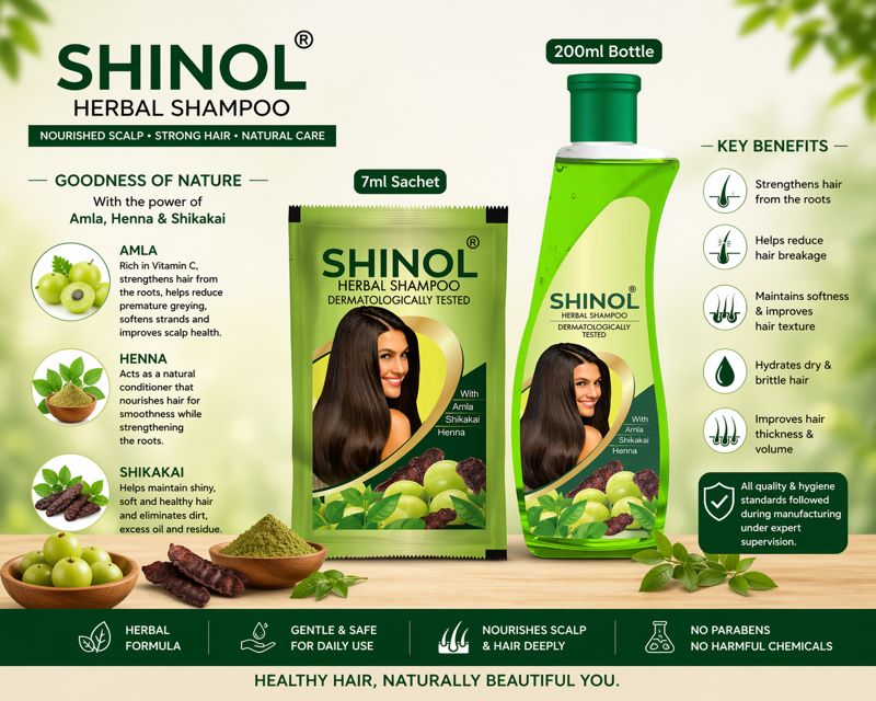 Shinol herbal shampoo with amla henna shikakai for strong soft healthy hair